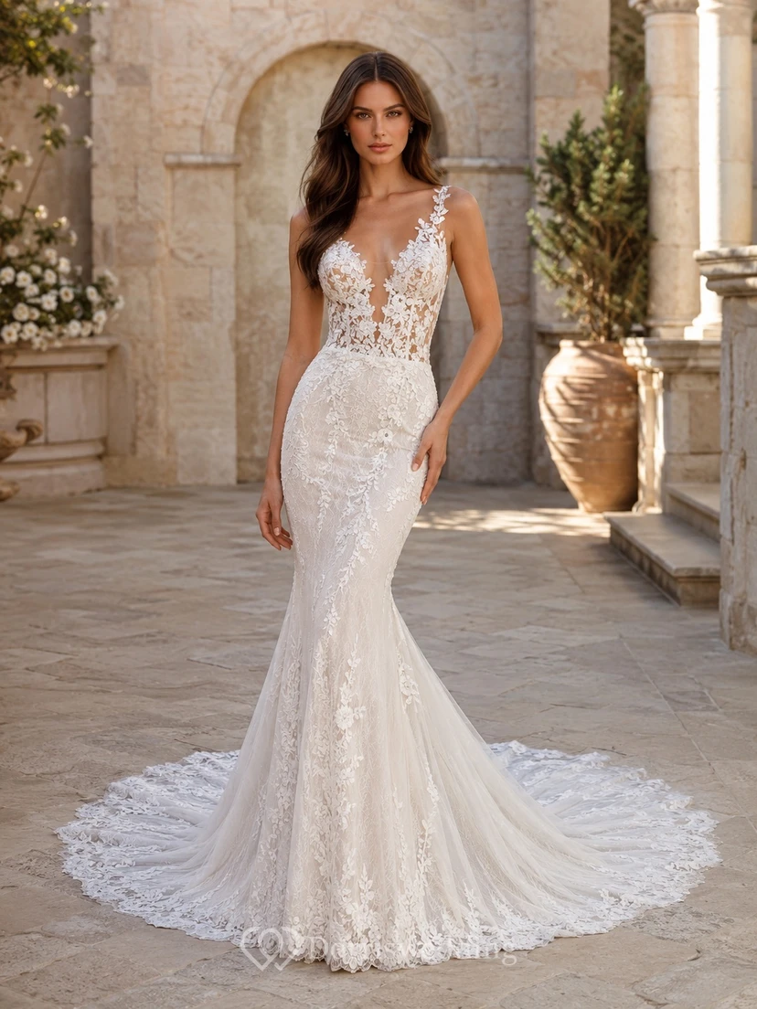 Lace Mermaid V-neck Sleeveless Appliqued Cathedral Train Luxury Bridal Gown