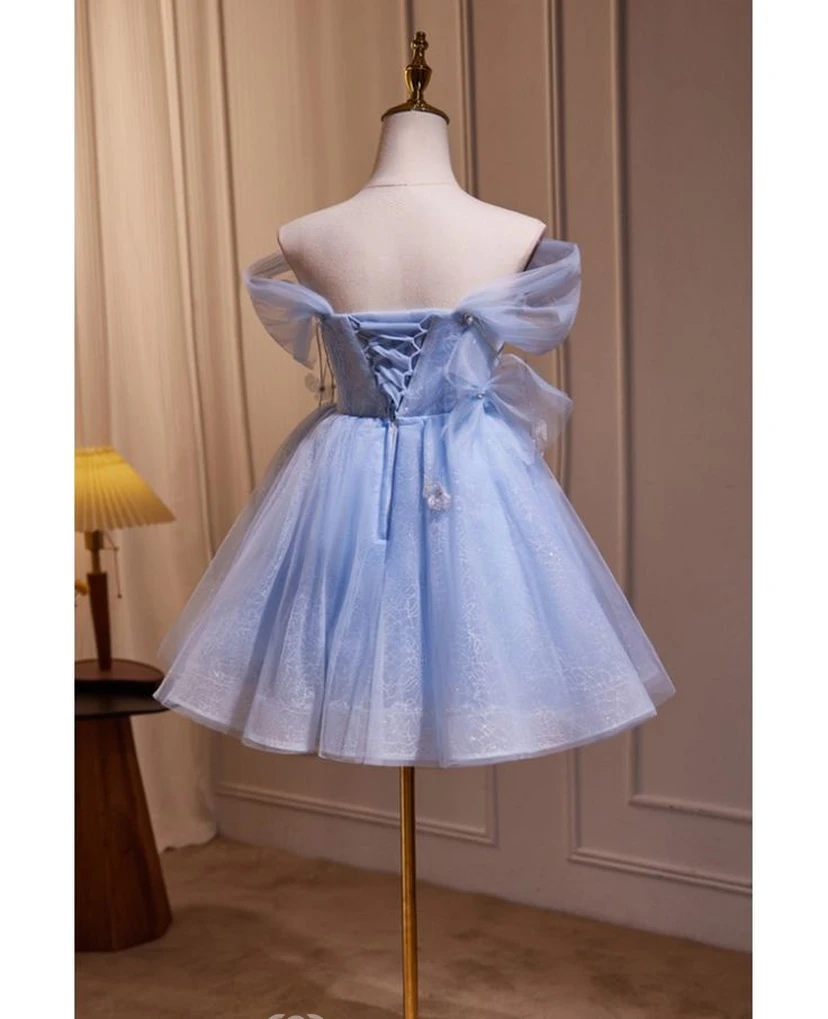 Sky Blue Off-the-Shoulder Tulle Dress with Lace view 12