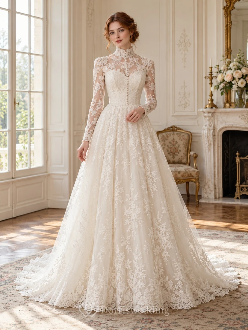 Vintage High Neck Long Sleeve Dense Lace A-Line Wedding Dress