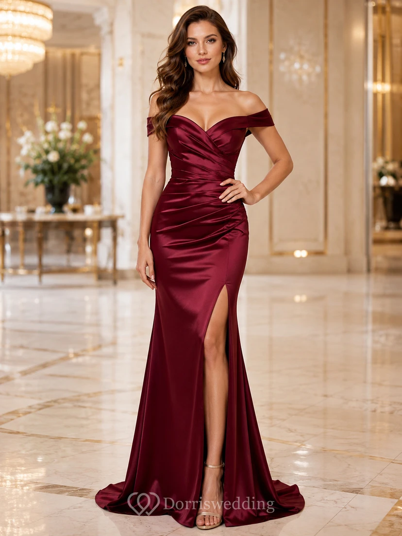 Burgundy Satin Off Shoulder Slit Mermaid Evening Dress