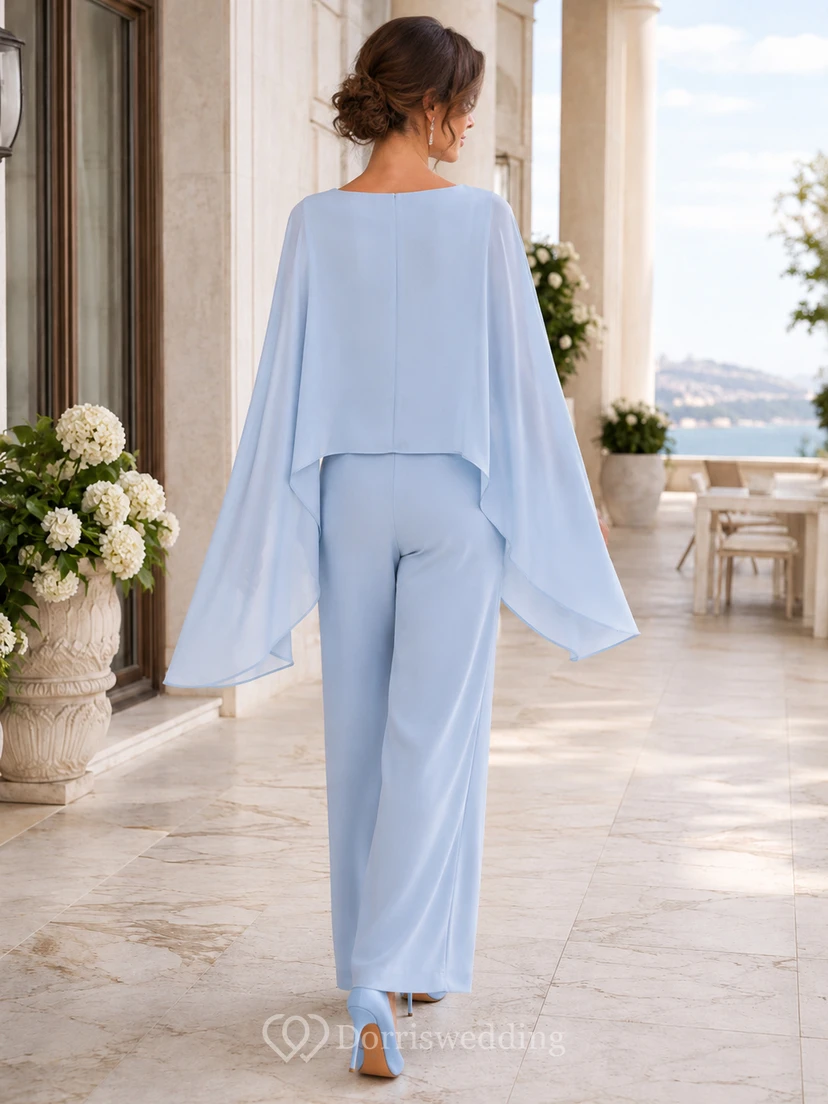 Sky Blue Cowl Neck Long Cape Sleeve Chiffon Two Piece Wide Leg Mother Pantsuit view 2