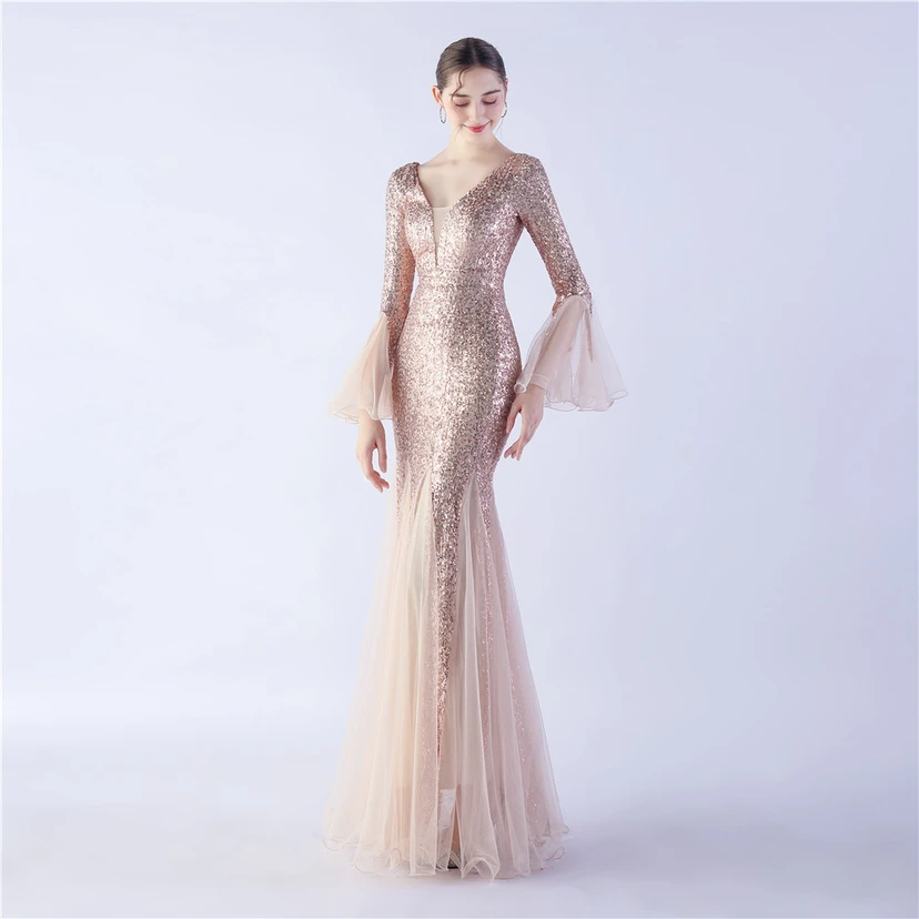 Vestido de noche con lentejuelas, bordado de malla encriptada, estilo artesanal de seda de pez y borde ondulado. view 30