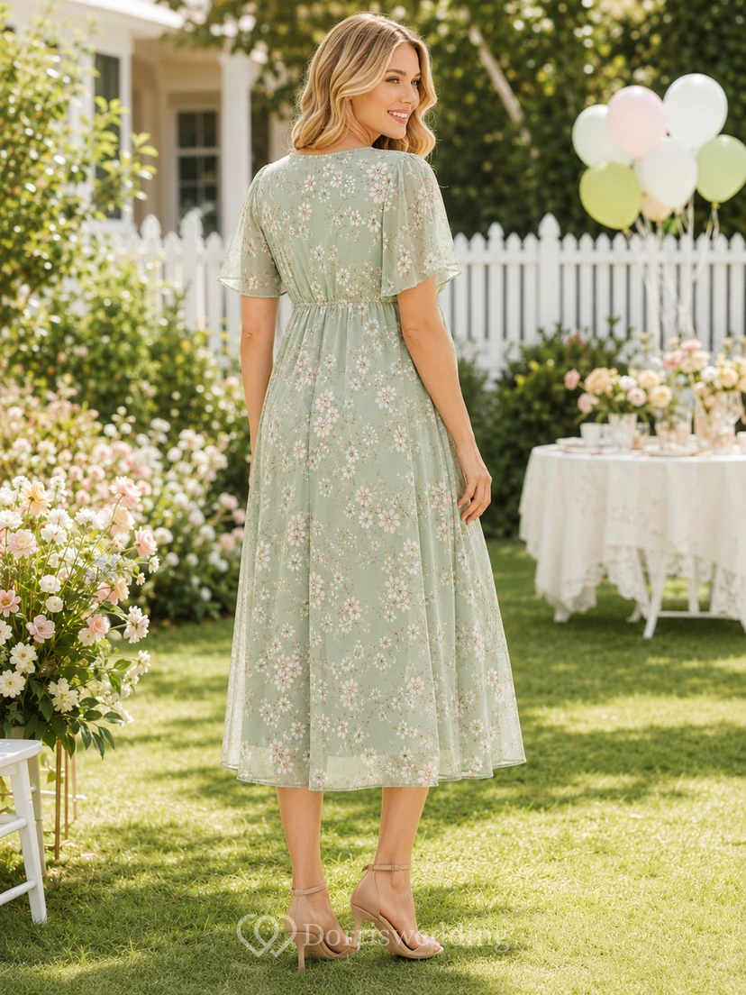 Robe midi de maternité portefeuille en mousseline à manches papillon et col en V, imprimé floral sauge view 2