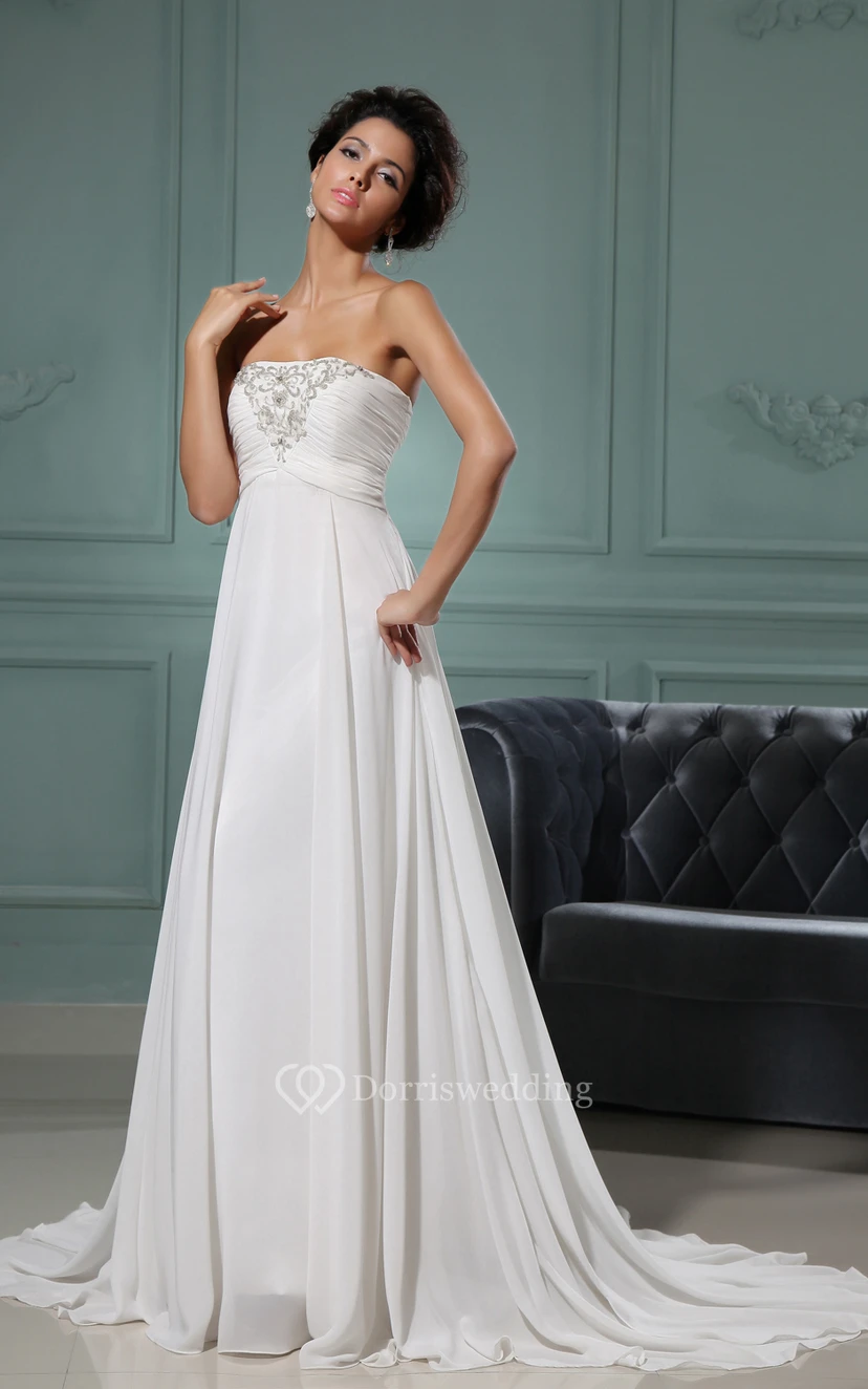 Strapless A-Line Chiffon Dress With Ruching Bodice and Applique view 2