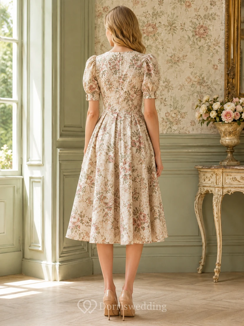 Vintage Wallpaper Floral Puff Sleeve Tea Length Dress view 2