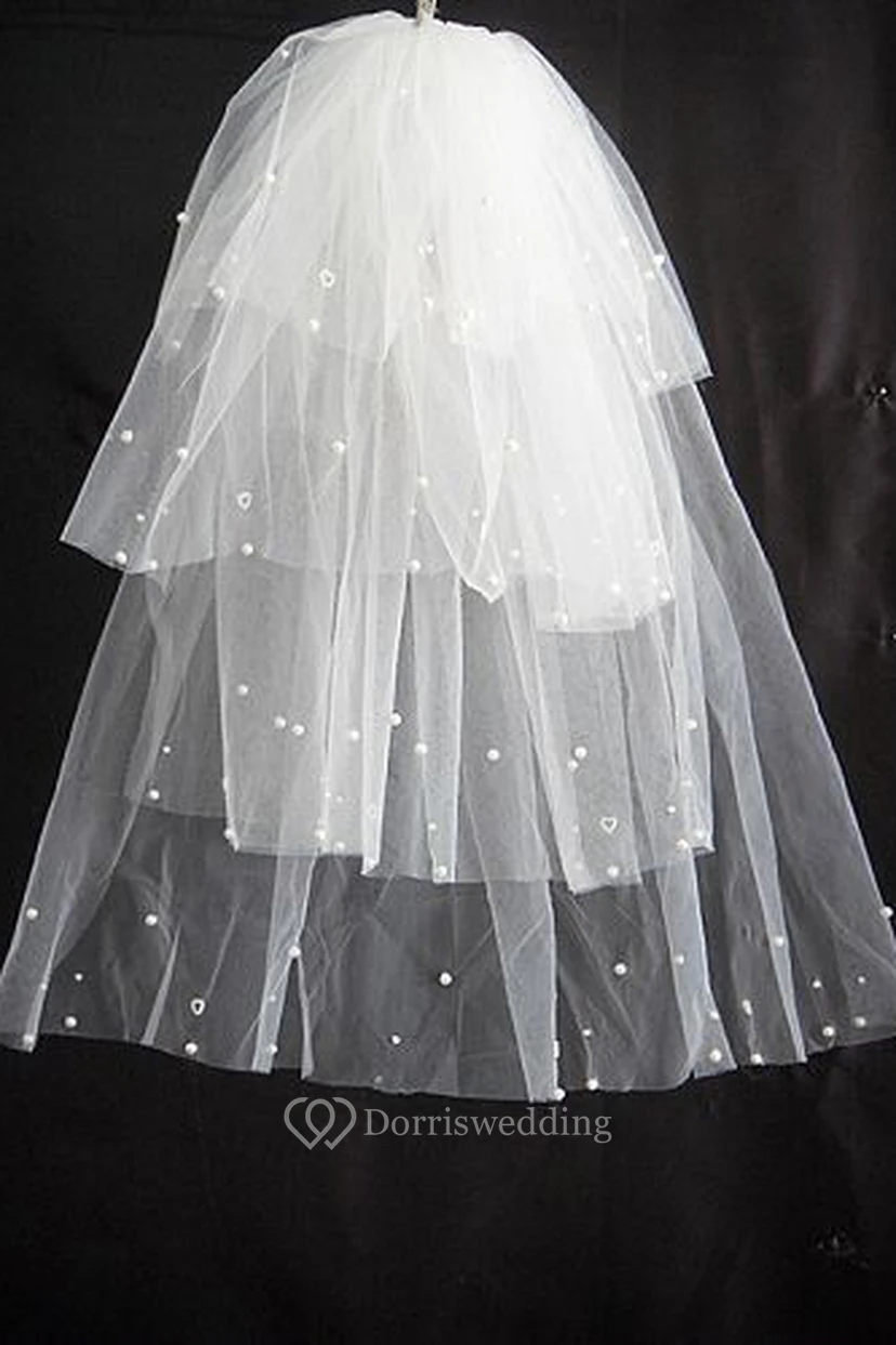 Multi-Layered Puffy Elbow Wedding Veil with Pearl Beading view 2