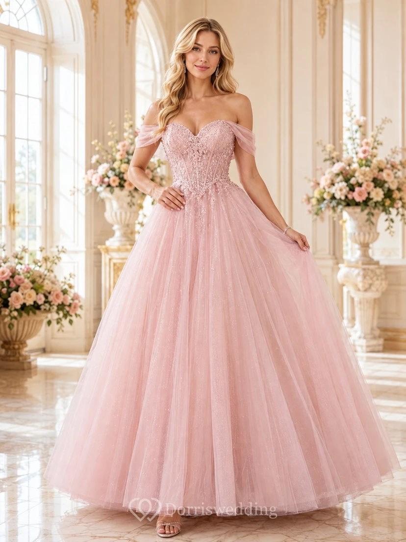 Blushing Pink Tulle Sweetheart Off-the-shoulder Ball Gown Petal Sleeve Appliqued Princess Dress