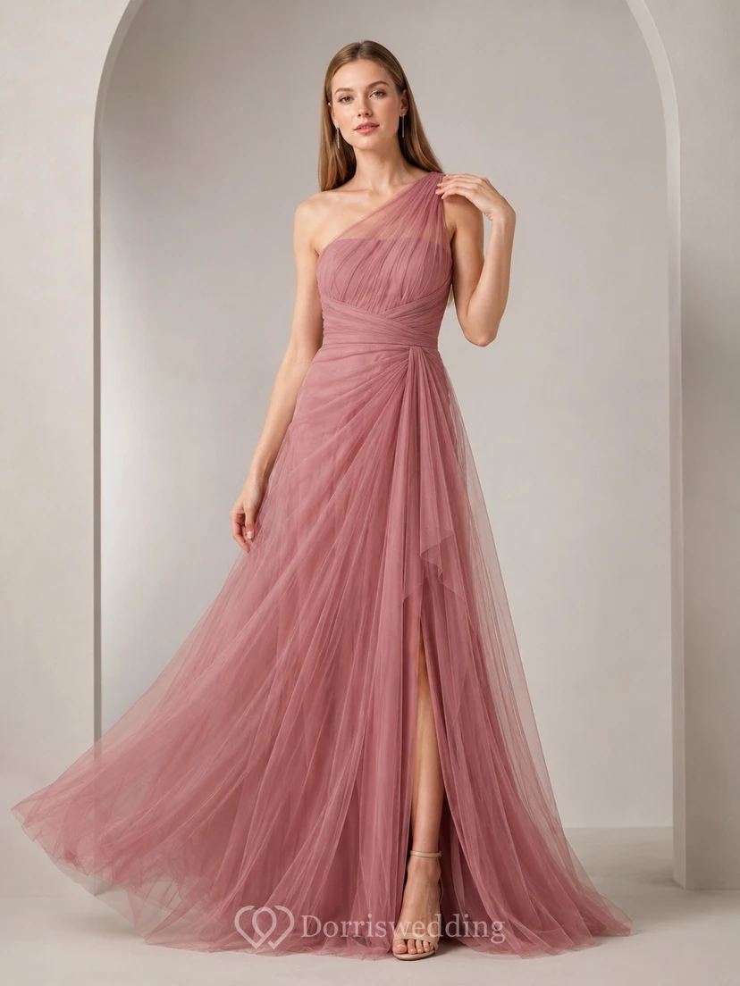 Dusty Rose One-Shoulder Sleeveless Tulle A-Line Split Evening Dress