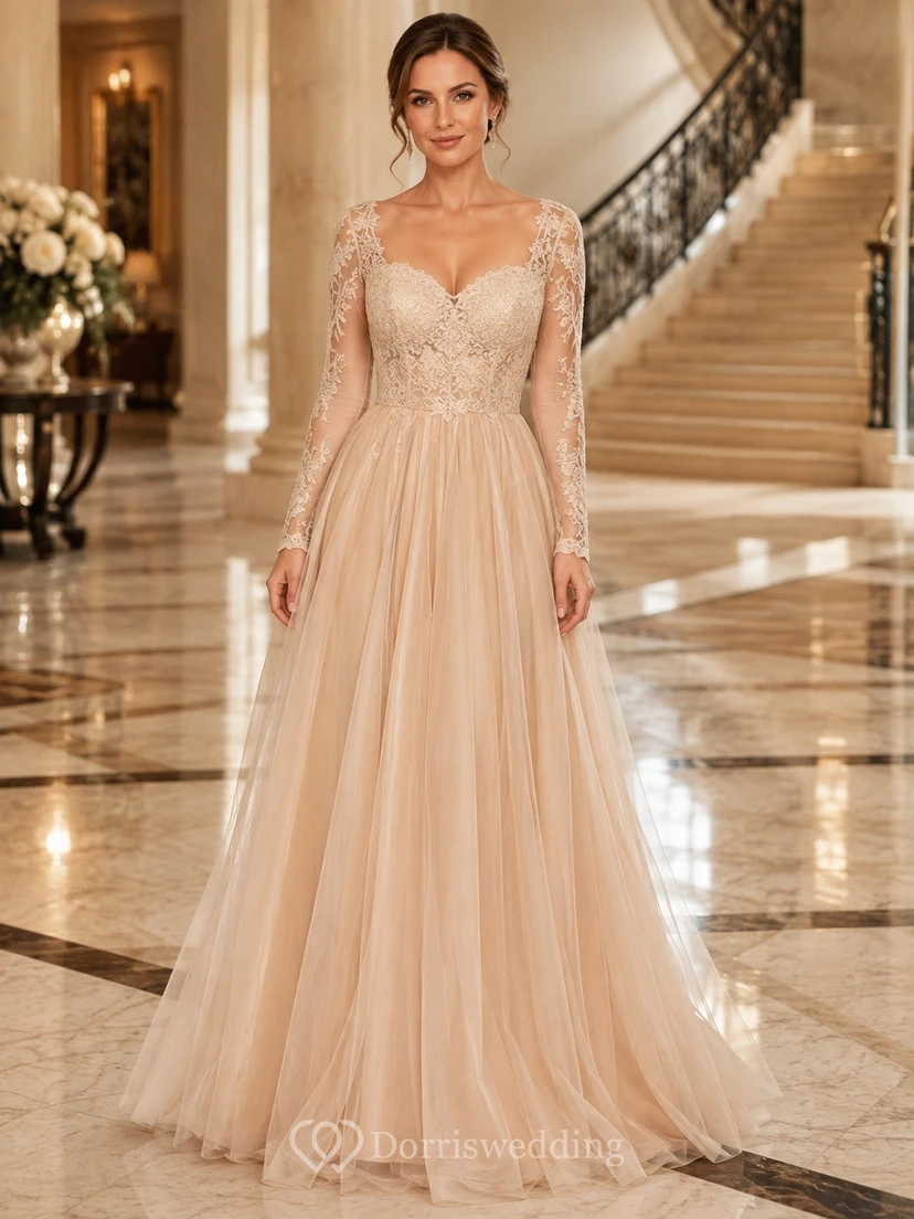 Champagne Sweetheart Long Sleeve Chiffon A-Line Sweep Train Formal Dress