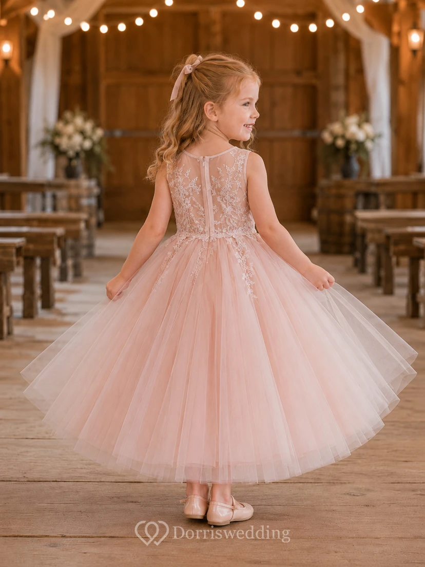 A-Line Flowergirl Blushing Pink Lace Tulle Floor-Length Sleeveless Floral Applique Rustic Barn Wedding Dress view 2