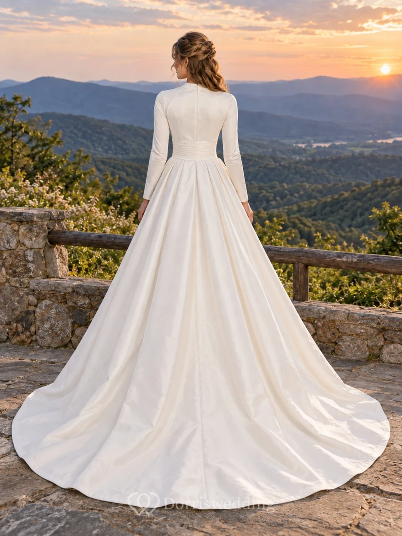 Simple Long Sleeve High Neck A-Line Pleated Taffeta Sweep Train Wedding Dress view 2