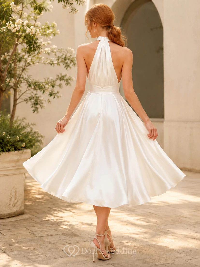 Sunlit Midi White A-Line Tea-Length Halter Sleeveless Satin Elegant Cocktail Dress view 2