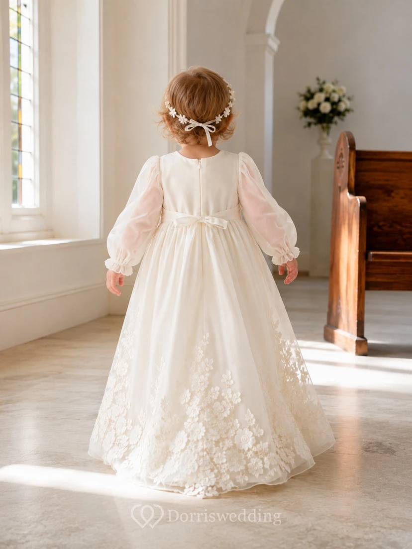 Floral Applique Baptism Gown A-Line Tulle Lace Long Sleeve Side Applique view 2