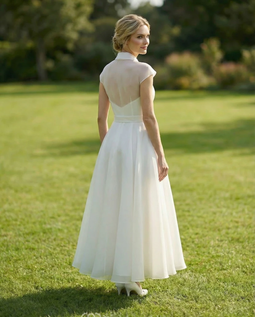 Robe longue en tulle à manches courtes et col en V, longueur cheville view 2