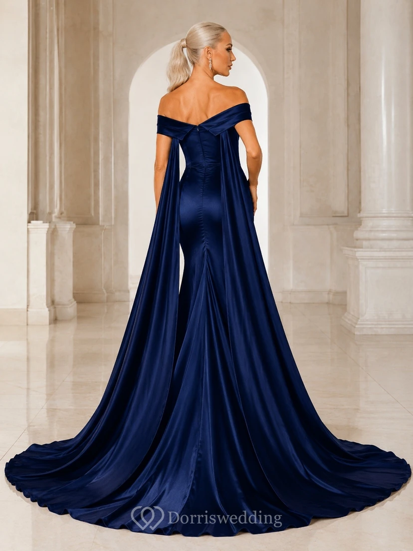 Vestido de novia de satén sin mangas con escote Bardot y cola larga estilo sirena view 2
