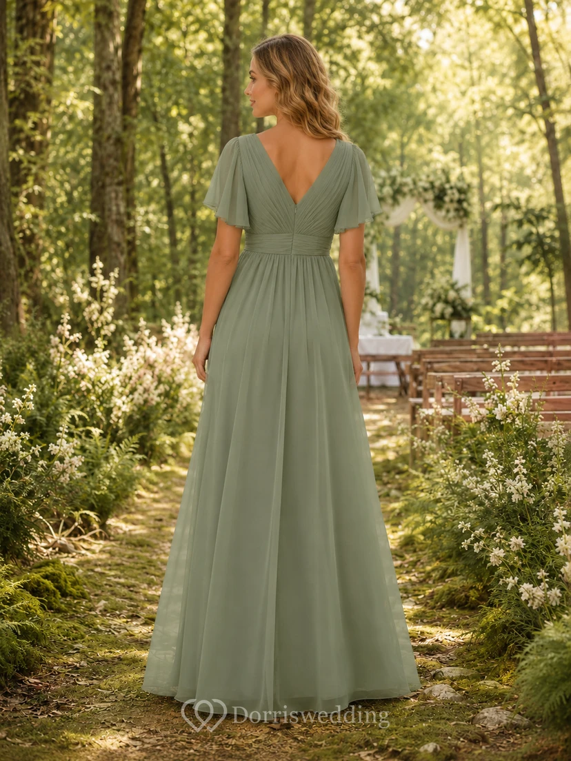 Forest Sage V-Neck Chiffon A-Line Floor-Length Short Sleeve Slit Dress view 2