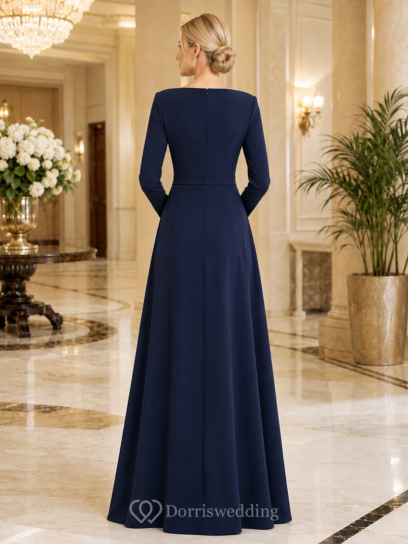 Navy Bateau Long Sleeve Floor Length A Line Formal Dress view 2