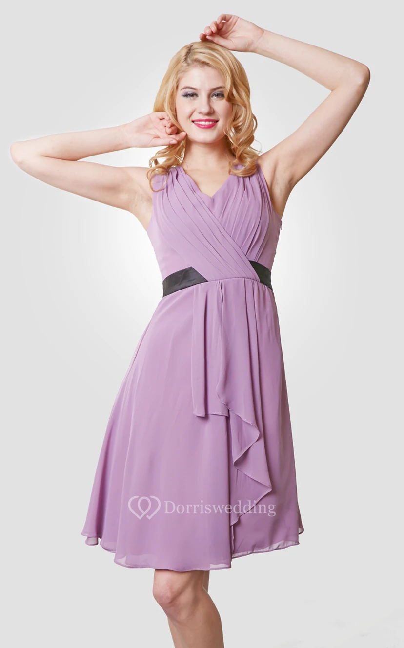 V-Neck Sleeveless Knee Length Chiffon Dress With Pleats and Draping view 4