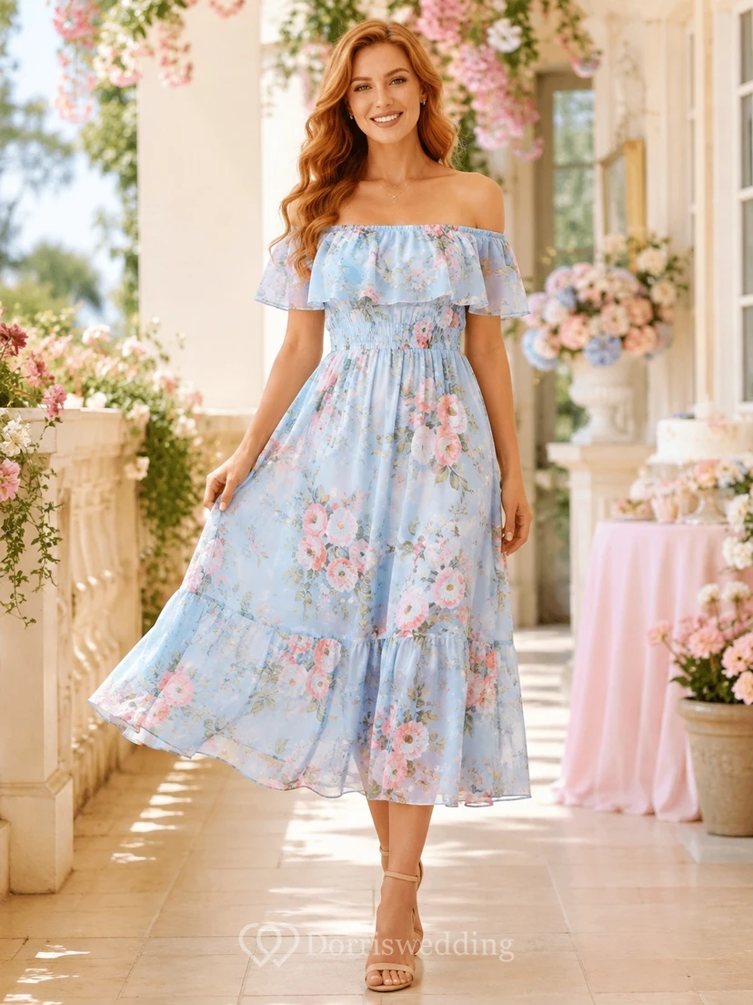 Sky Blue Floral Chiffon Off-the-shoulder Short Sleeve Tiered Tea-length A-Line Dress