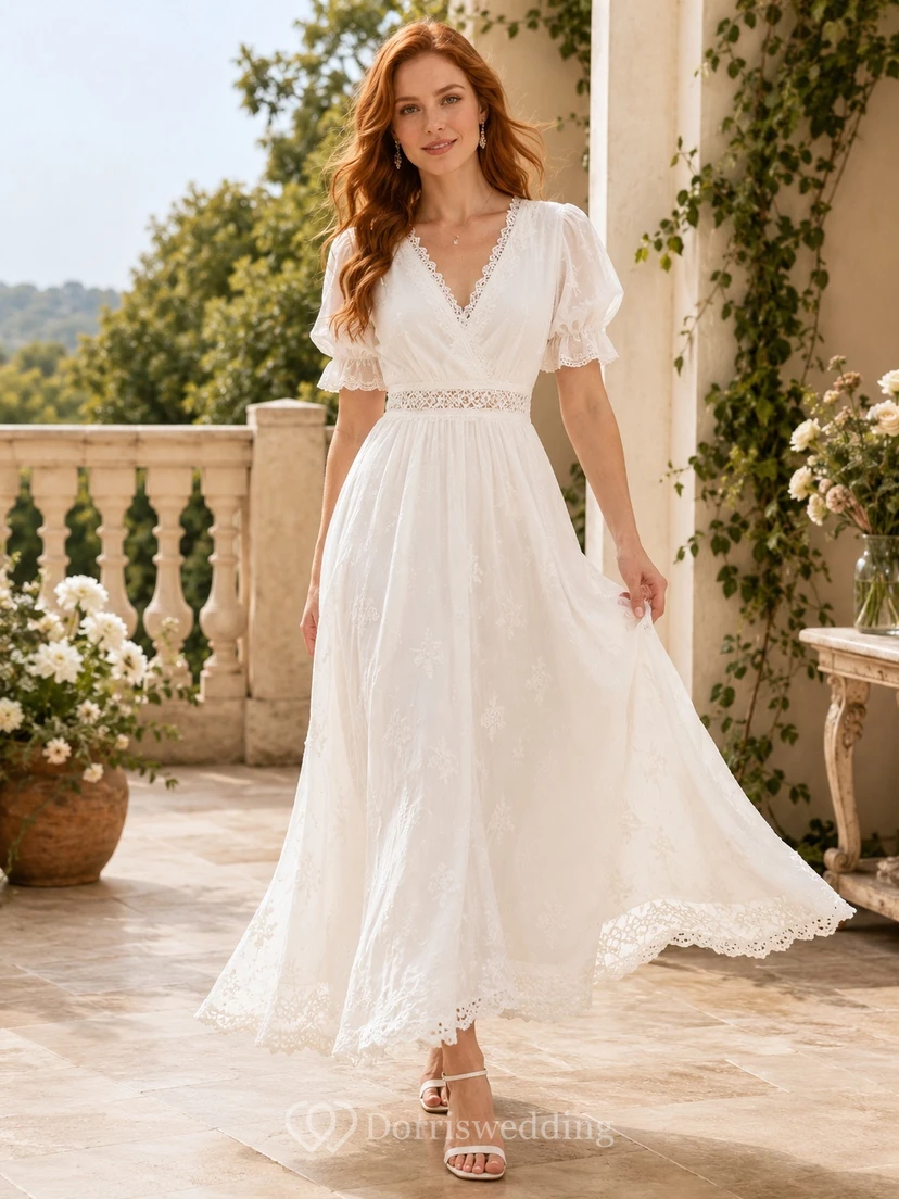 Weißes, romantisches A-Linien-Abendkleid aus Chiffon mit Puffärmeln und Spitze
