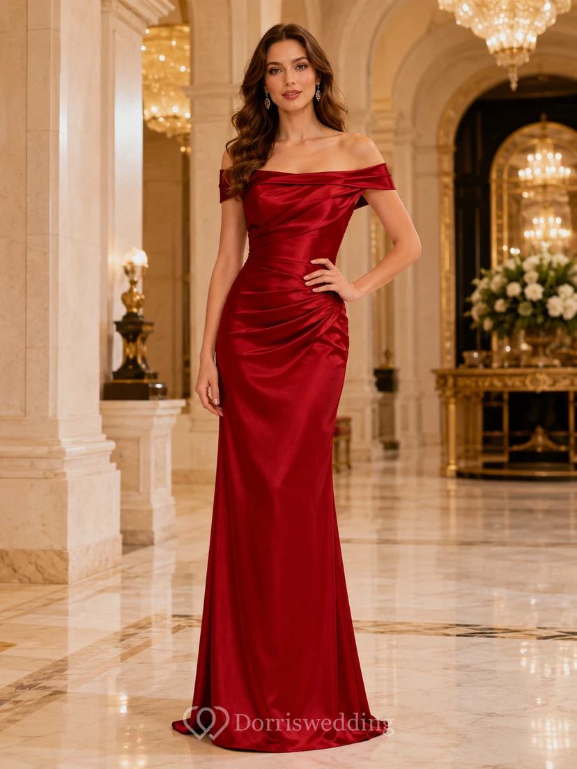 Red Off Shoulder Draped Satin Mermaid Evening Gown