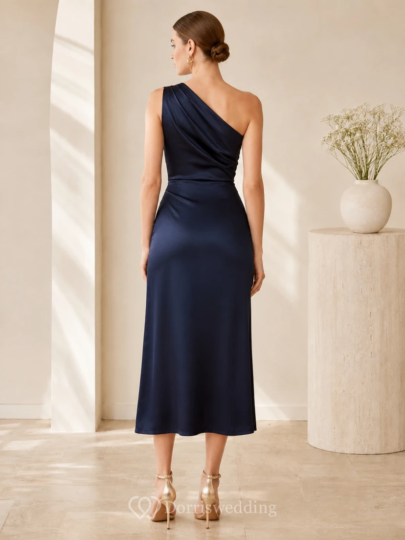 Dark Navy One-Shoulder Satin Ceremony Guest Dress view 2