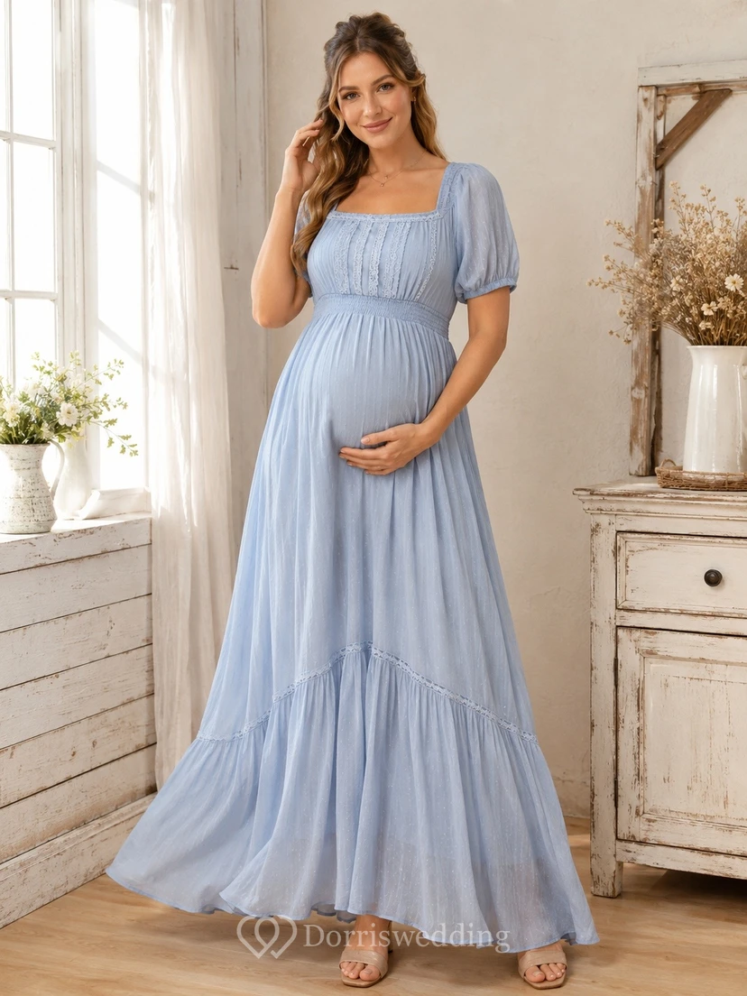 Sky Blue Square Neck Short Sleeve Pleated Maternity Chiffon Maxi Dress