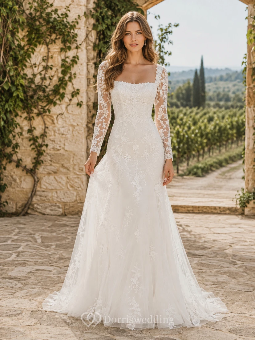 Robe de mariée sirène en dentelle à col carré et manches longues illusion
