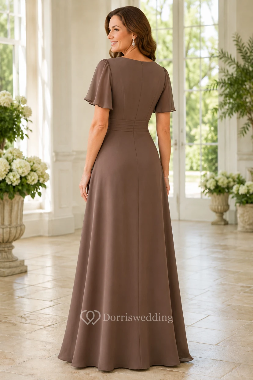 Taupefarbenes A-Linien-Kleid mit V-Ausschnitt und Volantärmeln für Mütter view 2