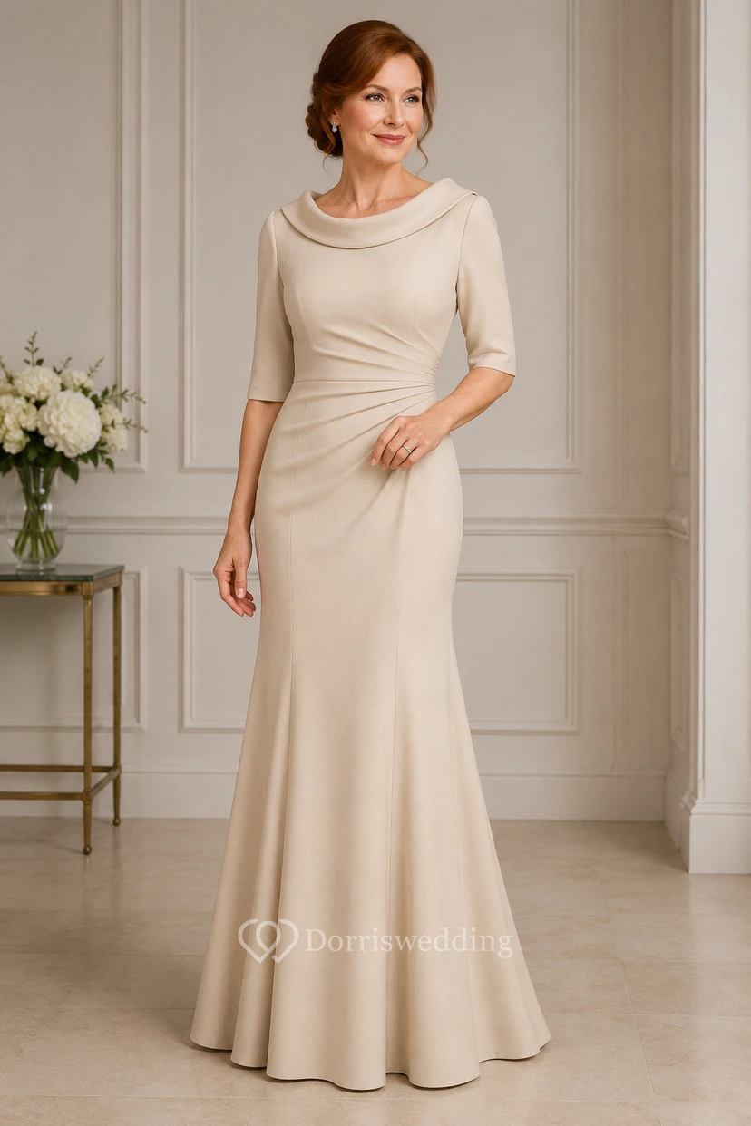 MOB-Kleid Champagnerfarbenes Satin-Meerjungfrauenkleid mit halben Ärmeln, Wasserfallausschnitt, bodenlang, drapiert