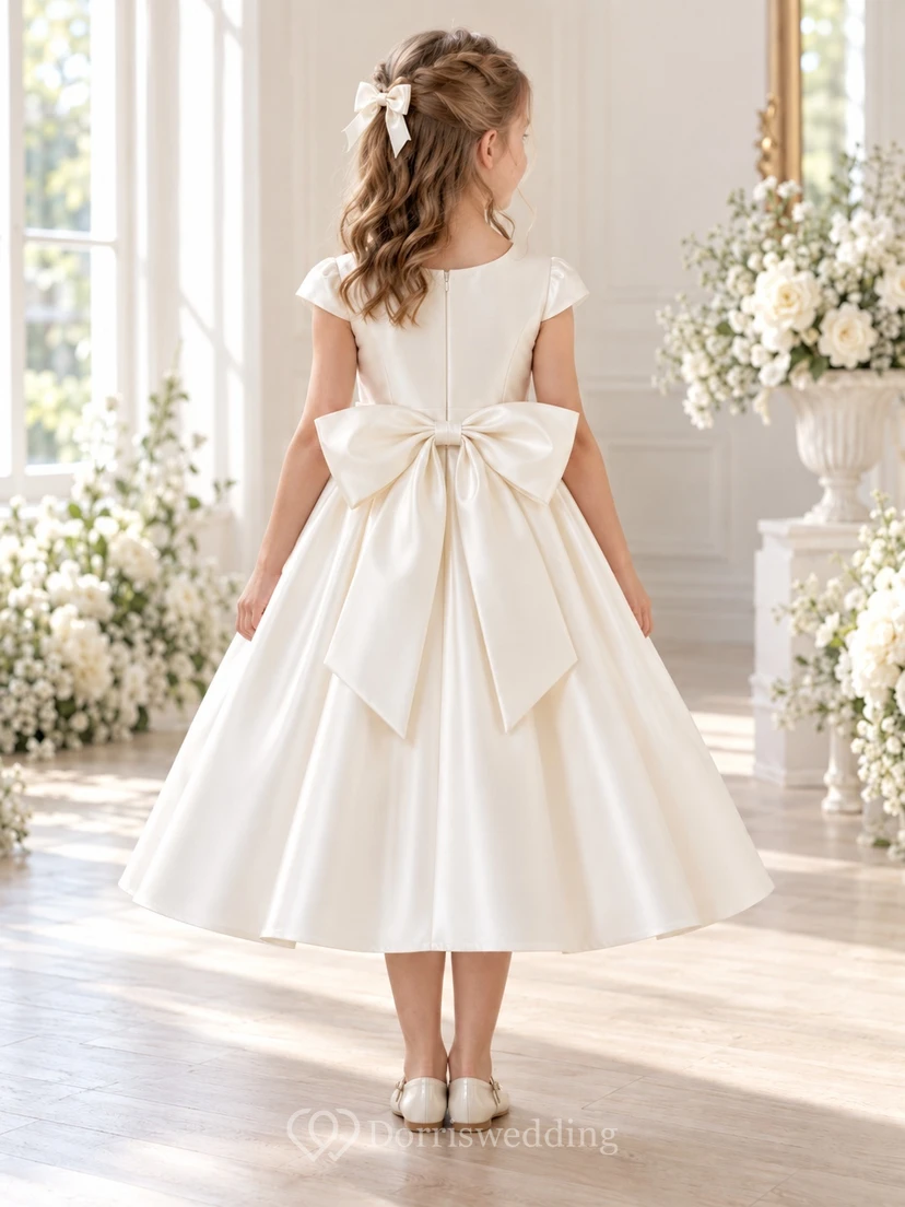 Tea-length Vintage Simple Ivory A-line Satin Cap-sleeve Bow-back Flower Girl Dress view 2