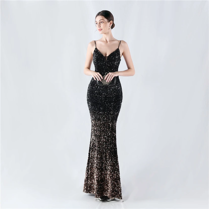 Samtiger, farbverlaufender, perlenbesetzter, sexy Strumpfhalter-Abendkleid view 15