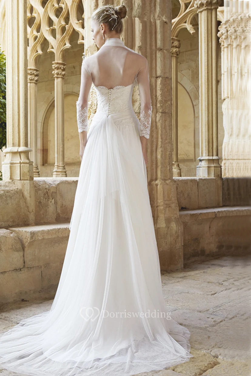 Sheath Strapless Long-Sleeve Pleated Chiffon Wedding Dress With Cape view 2