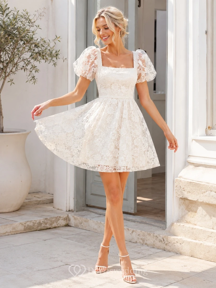 Ivory Lace Puff Sleeve Square Neck A-Line Mini Cocktail Dress
