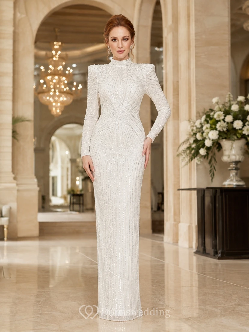 Modest Sparkling High Neck Long Sleeve Sequin Sheath Floor-Length Evening Gown