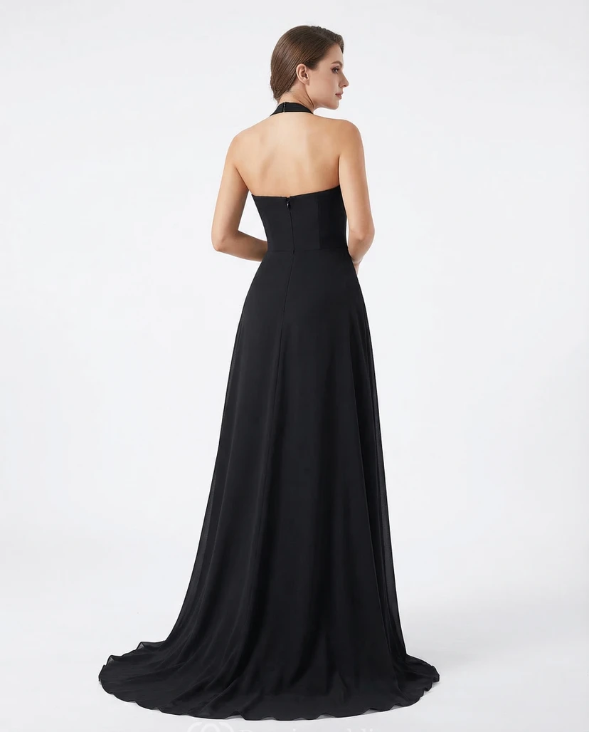 Chiffon-Abendkleid mit hohem Kragen und offenem Rücken view 2