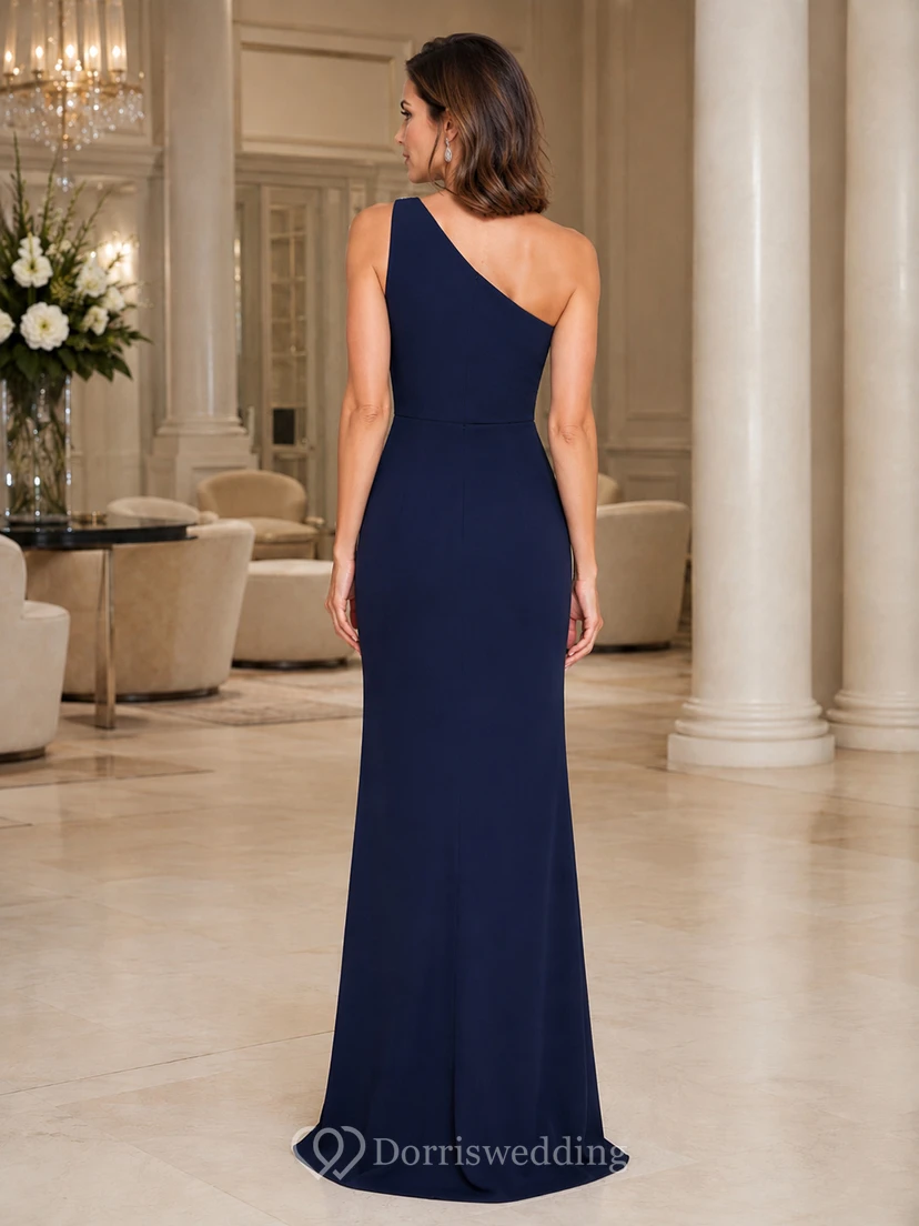 Dark Navy One Shoulder Slit Mermaid Formal Dress view 2