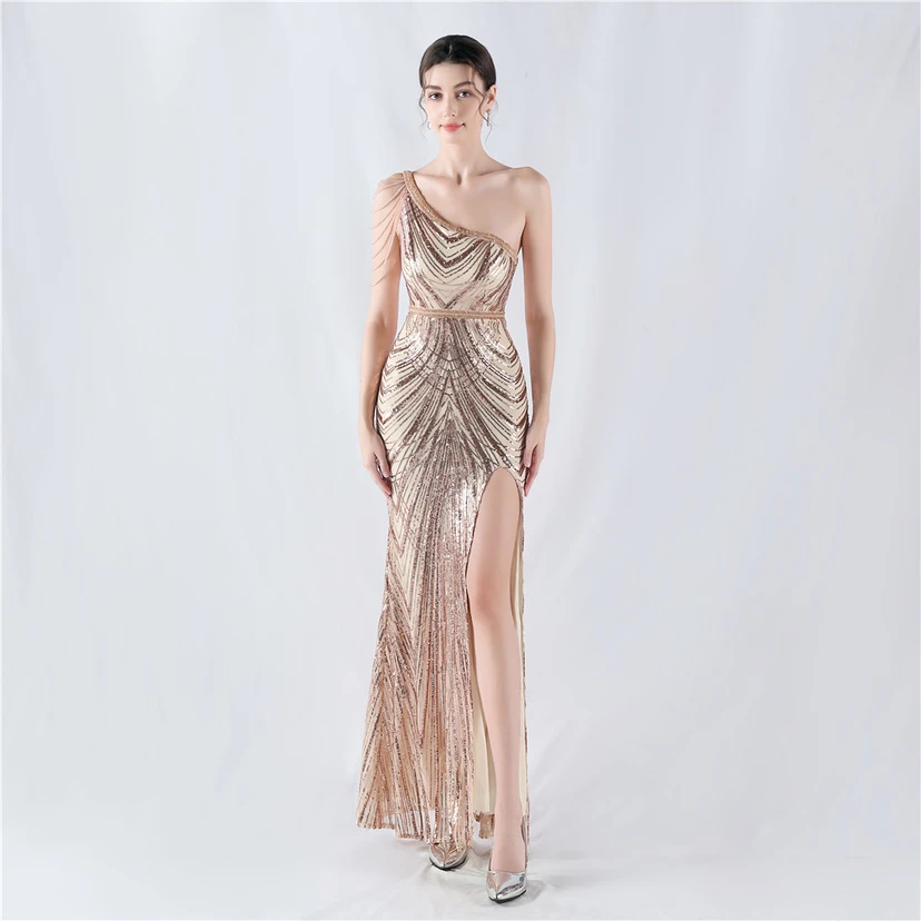 Positioning Flower Beaded Craft Beaded One-Shoulder Oblique Collar High Slit Evening Dress view 51