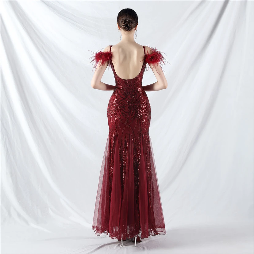 9-farbiges, handgefertigtes Abendkleid aus Kamelfedern, Netzstoff und Pailletten, sexy Trägern view 66