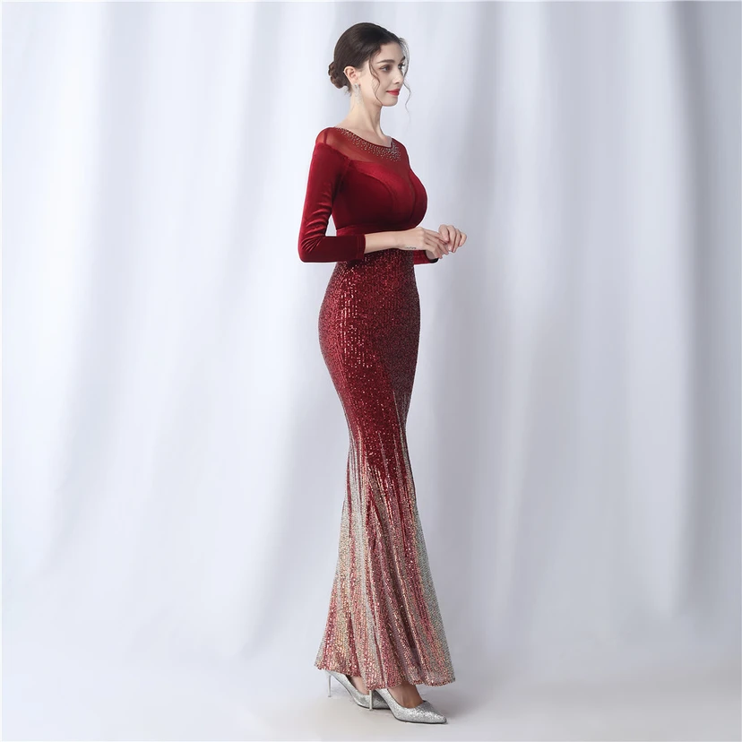 Long-Sleeved Fishtail Evening Dress High-End Atmosphere Elegant Banquet Temperament Velvet Aura Queen view 3