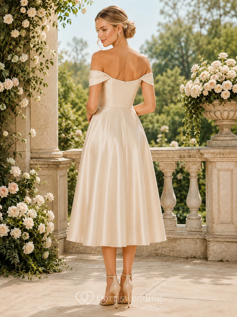 Elegante vestido de novia vintage de satén con escote de hombros descubiertos y corte en A, estilo juzgado, largo hasta la rodilla. view 2