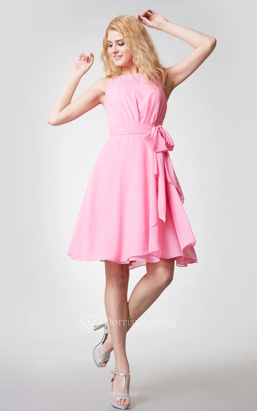 Feminine a Line Bateau Knee Length Chiffon Dress With Sash view 4