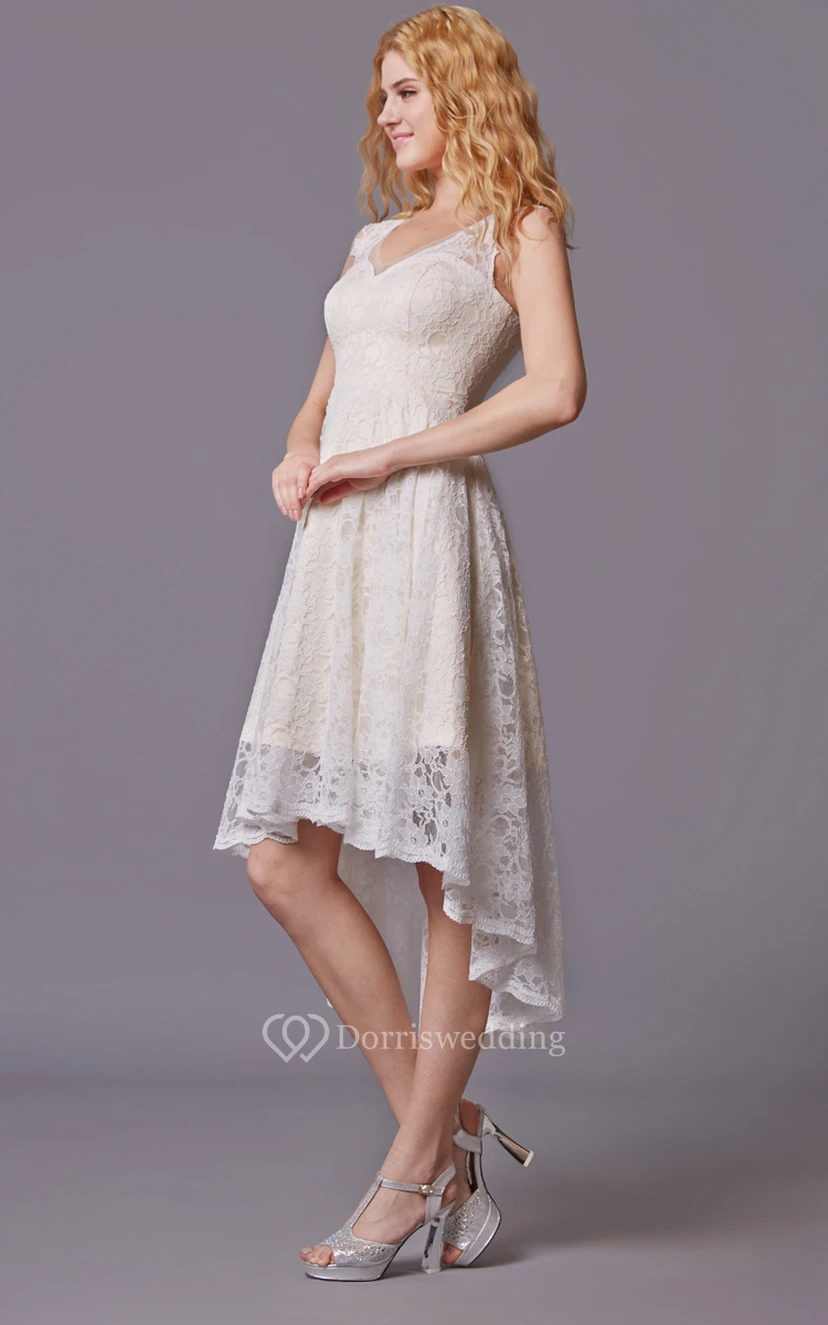 Klassisches, kurzes Brautkleid mit Twist-Verzierung, ärmellos, mit Spitze und asymmetrischem Schnitt view 4
