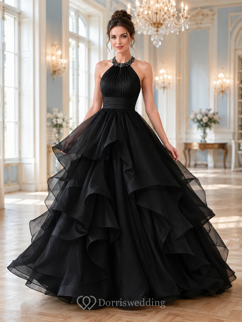 Vestido de fiesta largo hasta el suelo, negro, sin mangas, de organza y tul con volantes en cascada, estilo Keykole.