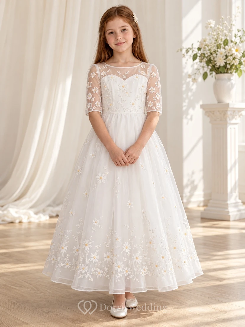 Modest White Ankle-length Illusion Neck Half Sleeve Daisy Communion Dress