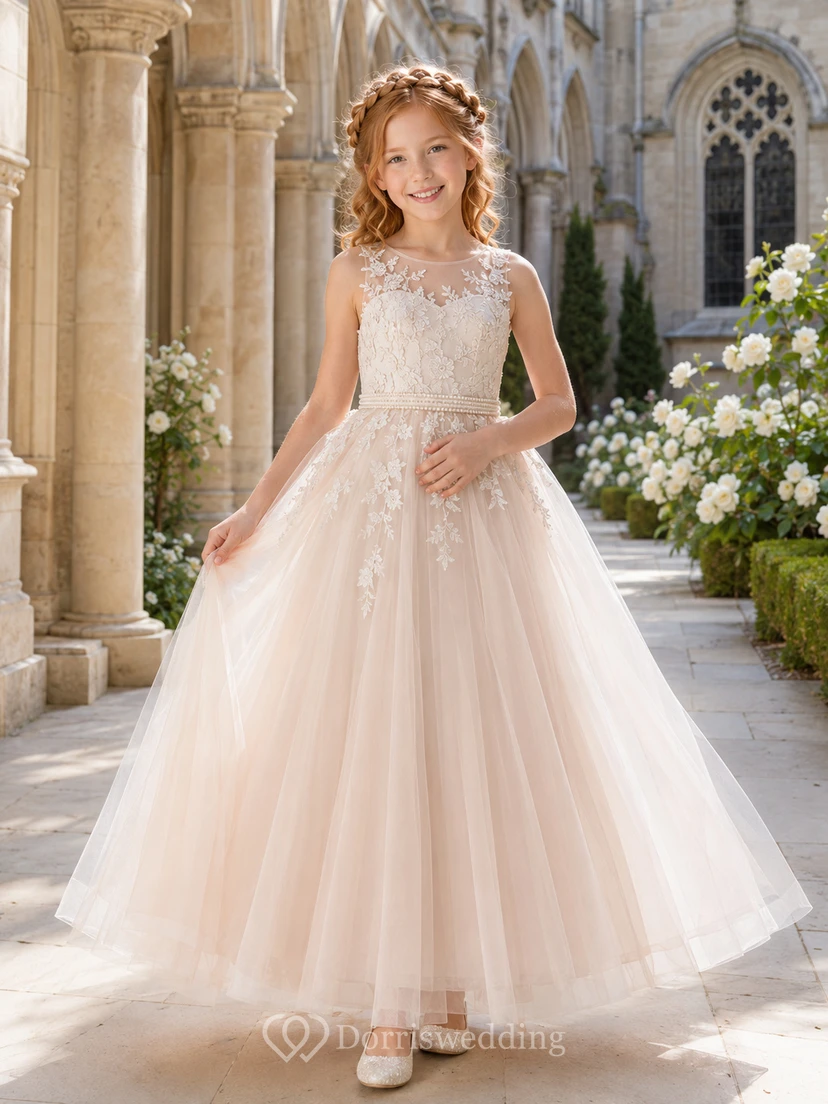 A-Line Cathedral Wedding Flower Girl Dress with Sleeveless Floral Lace Appliques, Tulle Skirt, Beaded Waist, Romantic Garden Style