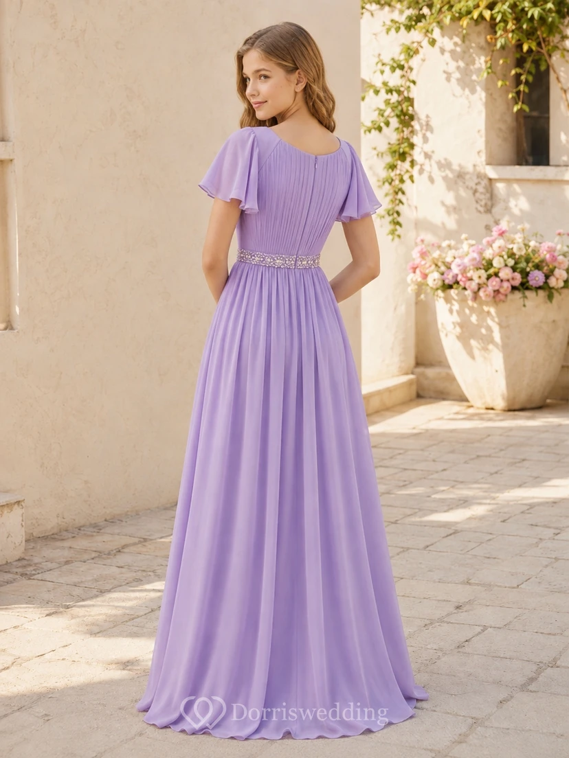 Lavendelfarbenes Brautjungfernkleid für junge Damen, A-Linie, Rundhalsausschnitt, kurze Ärmel, Chiffon, perlenbesetzte Taille, elegant view 2