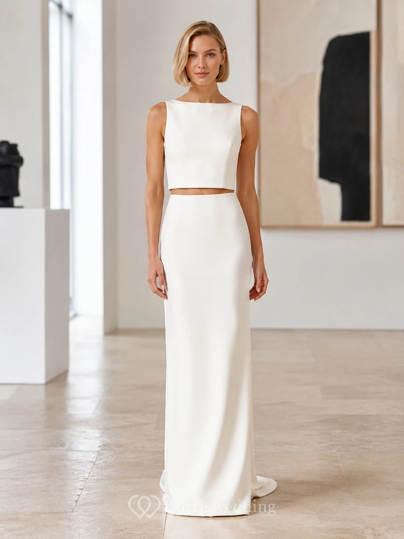 Ensemble de mariée sans manches en crêpe bateau crop top à col montant