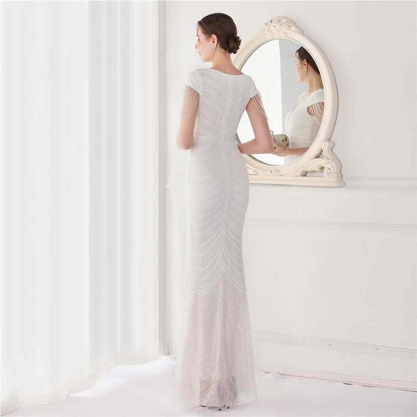 Paillettenbesetztes, handwerklich perfekt gefertigtes, perlenbesetztes Party-Abendkleid – sexy langes Kleid für die Braut view 47