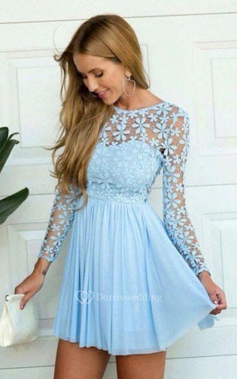 Chiffon Lace Short A Line Long Sleeve Casual Modern Homecoming Dress view 2